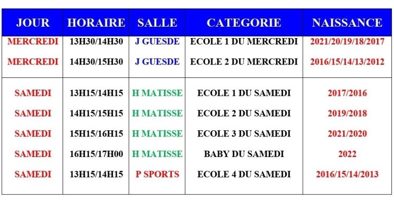 Planning des entraînements avec jours, horaires, salles et années de naissance.