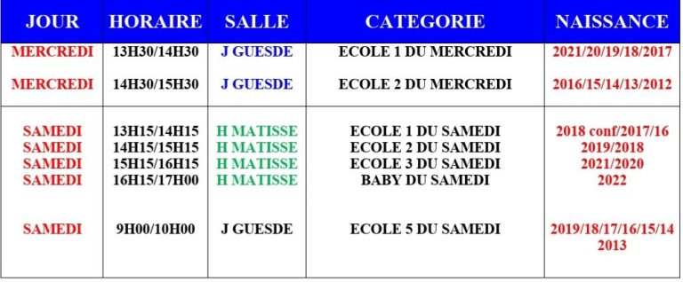 Planning des entraînements avec jours, horaires, salles et années de naissance.